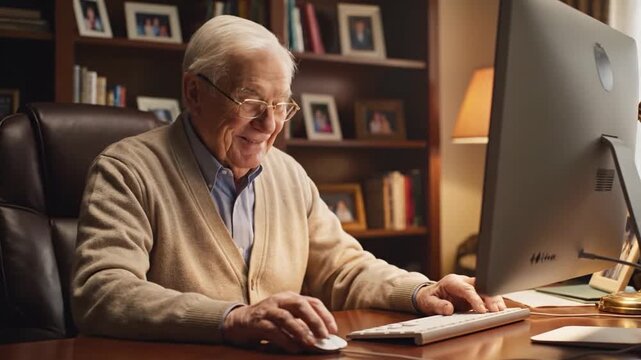 Older man operates desktop computer in cozy home office, smiling as hands rest on mouse and keyboard. Elderly man faces large monitor at desk, with book lined shelves and soft lamp glow behind.