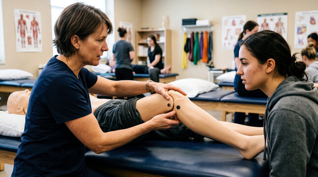 Professional instructor teaching physical therapy and knee examination technique to a student on mannequin