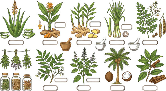 Vintage Ayurvedic Medicinal Herbs and Plants Botanical Vector Set with Aloe Vera, Turmeric, Ginger, Lemongrass, Neem, Holy Basil, Cinnamon, and Blank Labels