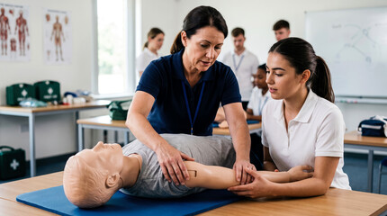 Fototapeta premium CPR training class with instructor demonstrating chest compressions on dummy to attentive student