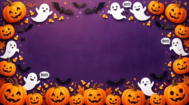Halloween themed flat lay with ghost and pumpkin decorations on purple background
