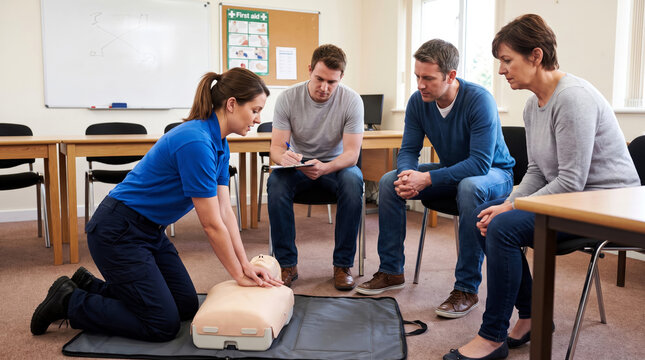 Instructor demonstrating CPR technique on a manikin during first aid training class for adults