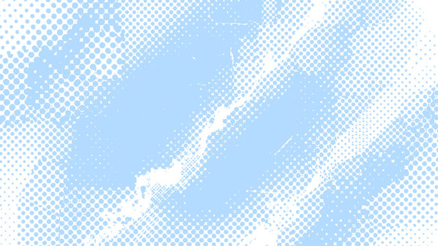 Drifting light blue and white abstract halftone dot background with a diagonal fade. Soft retro print grain. Works for covers, presentations, packaging and web headers.