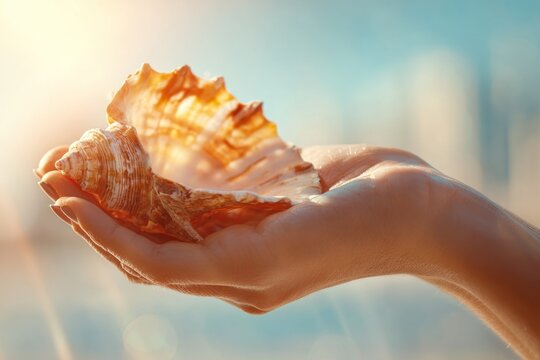 Summer time. Hand holding a large seashell against a blurred coastal background with sunlight illuminating the scene and creating a warm atmosphere