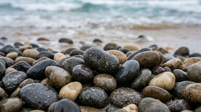 Close up of wet pebbles on a beach with ocean waves in the background.