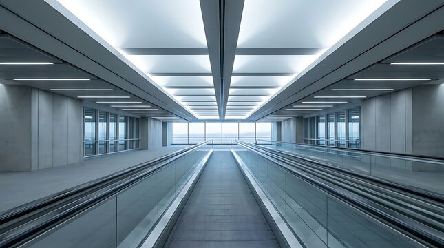 Modern airport terminal interior with moving walkway, futuristic architectural design, and glowing ceiling lights