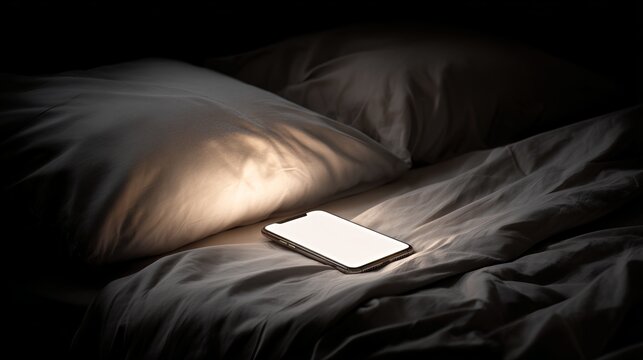Generation Z. Smartphone resting on unmade bed with soft pillows and wrinkled sheets illuminated by warm light in a darkened room setting. insomnia and anxiety concept