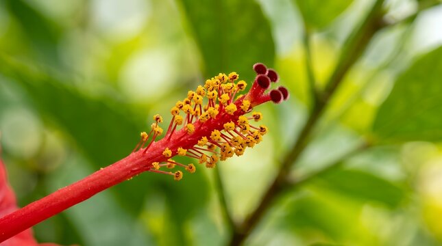 Close up of a vibrant red hibiscus flower stamen and pistil with blurred green foliage background.
