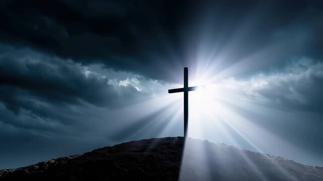 A solitary cross stands silhouetted against a dramatic sky, as divine rays of light pierce through dark, ominous clouds. ..Created with Generative AI, not depicting real subjects.