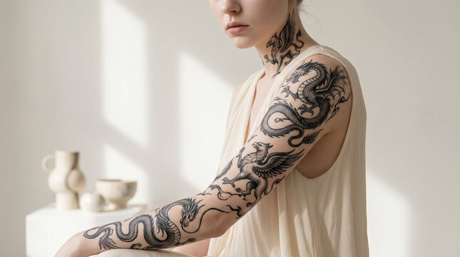 Woman with Intricate Blackwork Dragon and Mythical Griffin Tattoo Sleeve in Sunlit Minimalist Room
