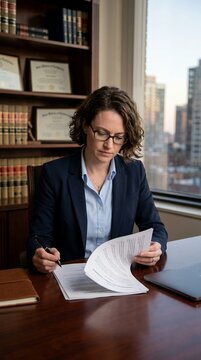 Female lawyer reviewing documents at her desk in an office with city view.