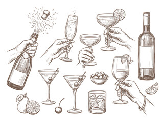 Vintage hand drawn cocktail and wine set, elegant sketch of hands holding champagne and martini glasses, bar menu vector illustrations © Waheed