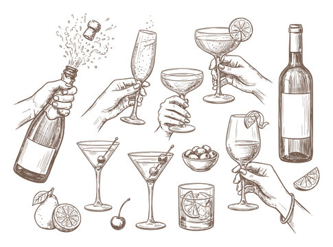 Vintage hand drawn cocktail and wine set, elegant sketch of hands holding champagne and martini glasses, bar menu vector illustrations