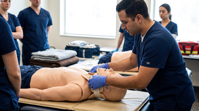 Medical instructor teaching students how to apply a cervical neck collar to a training mannequin.