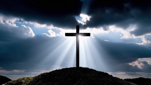 A solitary, dark cross stands silhouetted against a dramatic sky, its form illuminated by divine sunbeams breaking through stormy clouds. ..Created with Generative AI, not depicting real subjects.
