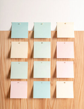 Wall filled with blank sticky notes arranged in three neat columns like kanban board in warm daylight and quiet planning mood generative AI
