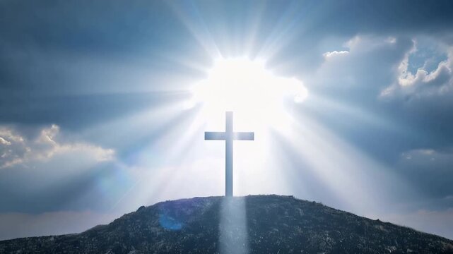 A powerful religious symbol, a cross stands silhouetted against a dramatic sky, with radiant sunbeams piercing through the clouds. ..Created with Generative AI, not depicting real subjects.