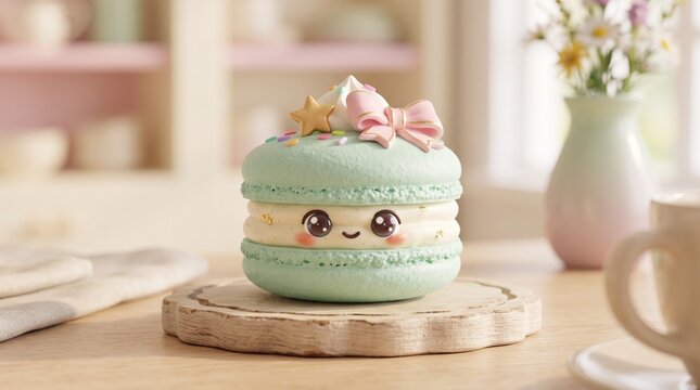 Wedding cake decorated with flowers, Light blue macaron with cute face, playful bow decorative caf&eacute; design, 4K Image 