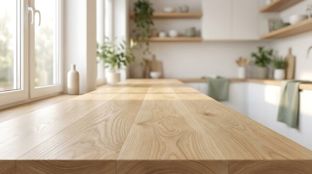 Wooden countertop in a bright kitchen interior with blurred background and natural morning sunlight illumination with countertop extends foreground