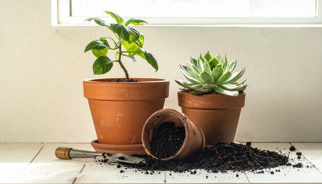 Three houseplants in mismatched pots with recently repotted one and spilled fresh dark soil beside small trowel in soft daylight generative AI