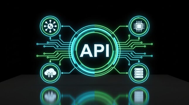 A p i text inside a glowing cyan and green circular circuit board interface with connected for cloud computing server storage and microchip processor on a black background