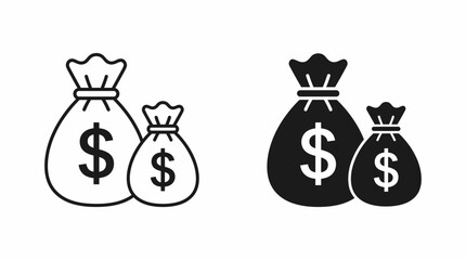 Fototapeta premium Two money bag icons—outline and solid—with dollar signs, symbolizing wealth, savings, profit, and financial success in minimalist design