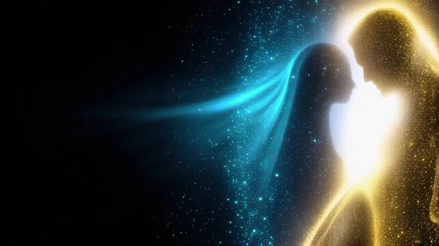 An ethereal depiction of two souls, one bathed in warm golden light and the other in cool blue, emanating energy and connection. ..Created with Generative AI, not depicting real subjects.
