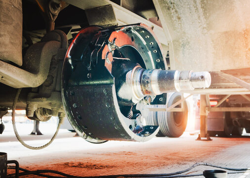 Disk brake truck trailer, brake pads, truck axles. semi trailer truck wheels repair. maintenance. freight transportation	
