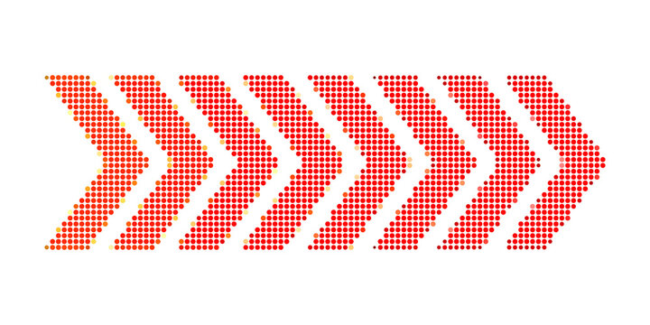 Red and orange halftone dotted chevron arrows on white background