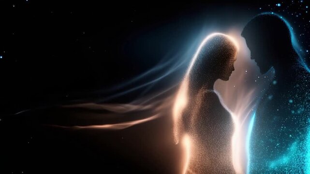 A couple embraces with glowing ethereal energy, depicted in a surreal and dreamlike scene that evokes deep connection and spiritual union. ..Created with Generative AI, not depicting real subjects.
