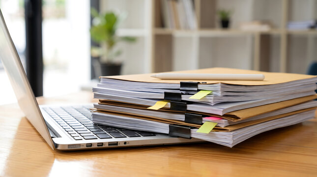 Stacks of organized paper documents held by black metal clips resting on a silver laptop computer