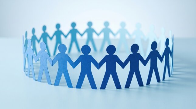 Blue paper cutout people figures standing in a circle holding hands on a light blue surface representing unity and teamwork
