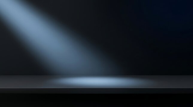 Empty dark surface with a single diagonal spotlight beam illuminating the center of the stage with against black background