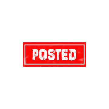 Red rectangular rubber stamp with the word posted written in white block letters with a vintage grunge texture