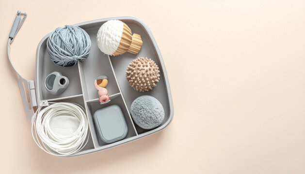 Open portable sensory kit on pale table with fibre optic bundle textured ball small mirror panel and soft weighted pouch generative AI