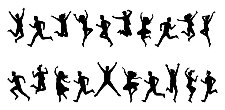 Silhouette figures jumping and d&hellip; set with simple line art design featuring simple design, minimalist, black and white with illustrations and graphics