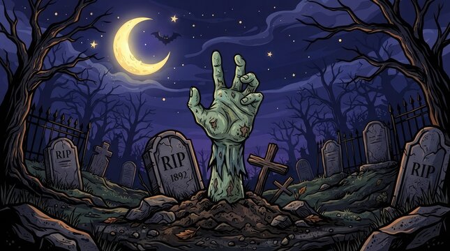 A haunting illustration of a green undead zombie hand emerging from a cracked soil grave in a dark spooky cemetery under a crescent moon night sky