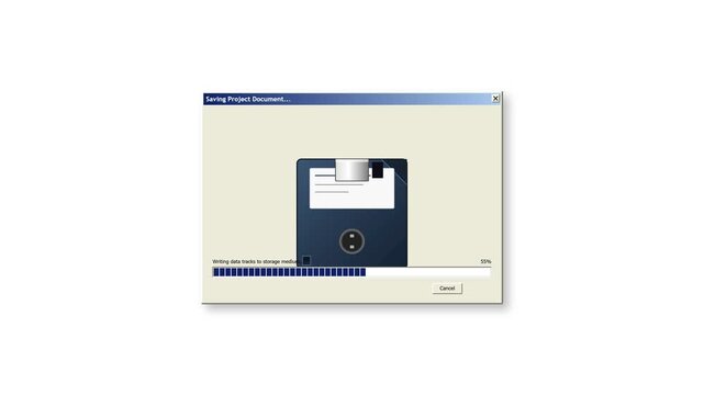 Retro Computer Operating System Dialog Window with Floppy Disk File Installation Progress Bar Animation Graphic