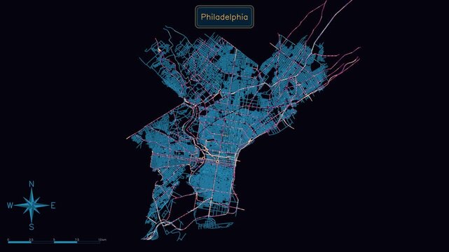 Vibrant animated map of Philadelphia, intricate urban street grid, ideal for dynamic city data visualization