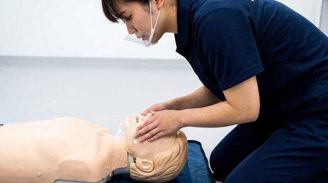 Dedicated female trainee practicing essential cpr resuscitation techniques on a medical mannequin in a classroom