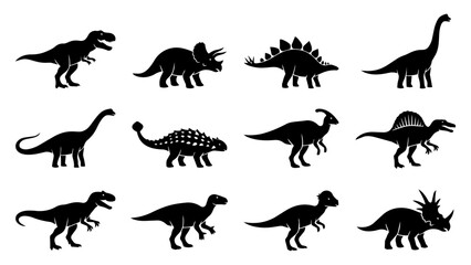 Obraz premium Dinosaur Silhouette Set with Prehistoric Species Icons