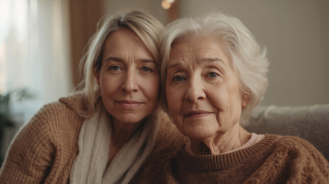 Woman in early fifties in soft warm knitwear beside elderly mother in bright care facility lounge in warm indirect light with caring expression generative AI