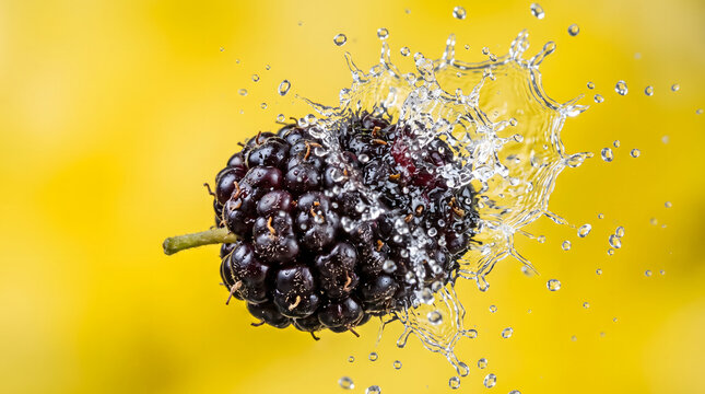 Ripe mulberry fruit with dynamic water splash on yellow background.