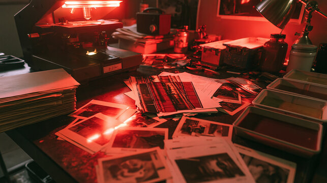 Red Safelight Photography Darkroom Desk Scattered with Prints and Trays
