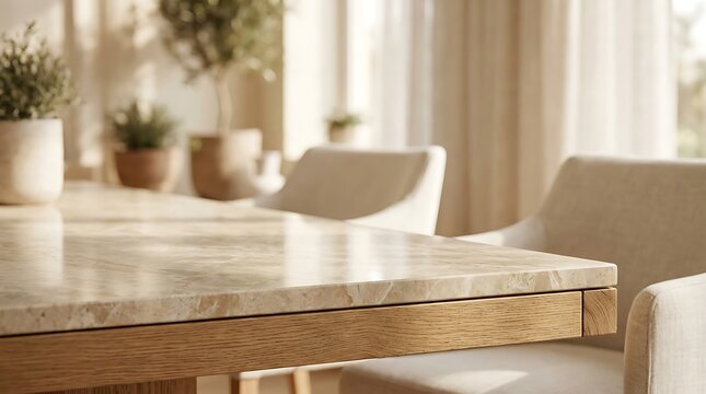 A marble dining table with a wooden frame positioned in a bright modern dining room with upholstered chairs potted plants blurred background