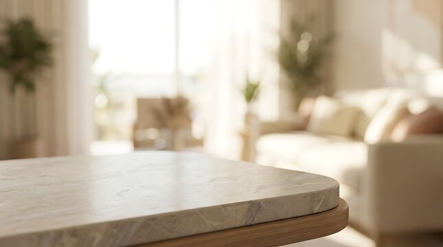 A close up of a marble table surface in a blurred bright modern living room with against blurred background polished marble tabletop
