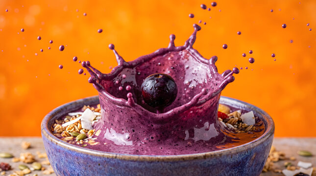 Blueberry splashing into a vibrant purple acai smoothie bowl with granola.