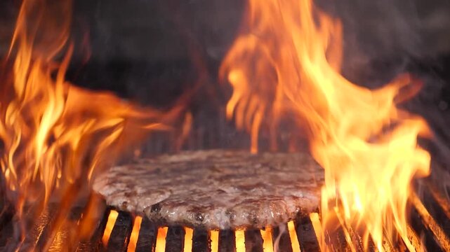 Juicy beef patty grilling over open fire with bright orange flames rising. Professional restaurant kitchen, dramatic cooking process, smoky barbecue atmosphere Slow motion 4k video