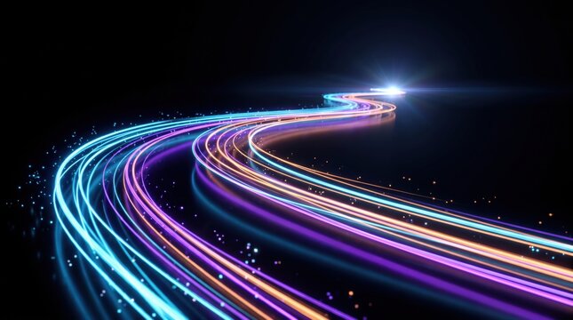 Glowing neon light streaks curving through dark space with vibrant blue purple and orange trails of light moving toward a bright focal point in the distance against a black background