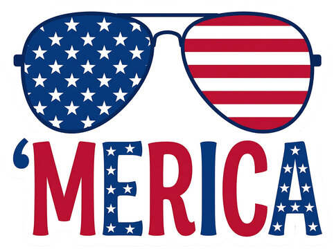 A vibrant and patriotic illustration featuring sunglasses adorned with the american flag boldly displaying the word 'america' with stars and stripes embodying